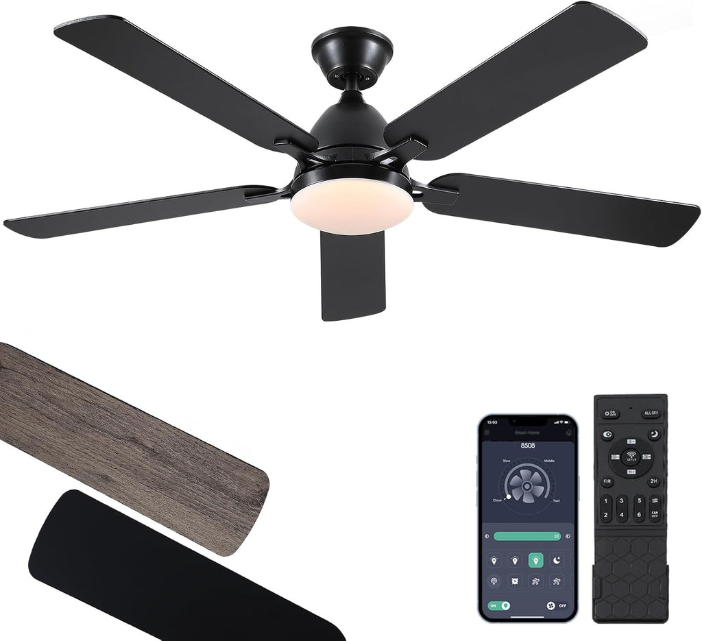 Ceiling Fans with Lights, 52 Inch Low Profile Ceiling Fan with Light and Remote Control,Reversible, 3CCT, Dimmable, Quiet, Black Ceiling Fan for Bedroom Indoor/Outdoor Use