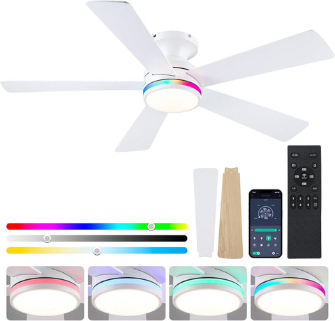 46" Flush Mount RGB Ceiling Fans with Lights - White Low Profile Ceiling Fan Light with Remote/APP, RGB+3CCT 6 Wind Speeds and Reversible, Modern Fan Light Fixture for Party, Kiad's Room