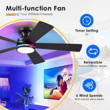 46In RGB Ceiling Fans with Lights - Black Flush Mount Ceiling Fan Light with Remote/APP, RGB+3CCT 6 Wind Speeds, Modern Low Profile Fan Light Fixture for Party, Kid's Room