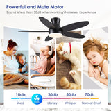 48 Inch Ceiling Fan with Light, Black Flush Mount Ceiling Fan with Remote and APP Control, Dimmable and 6 Wind Speed, Modern Low Profile Fan Light for Bedroom, Covered Outdoor