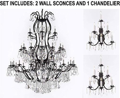 Set of 3-2 Wrought Iron Wall Sconce Crystal Lighting 3 Tier Wall Sconces W16 x H24 and 1 Large Foyer Iron Chandelier Chandeliers Lighting with Crystal! H60 x W52 - 2EA A500-6/3034 + 1EA A500-3031/36