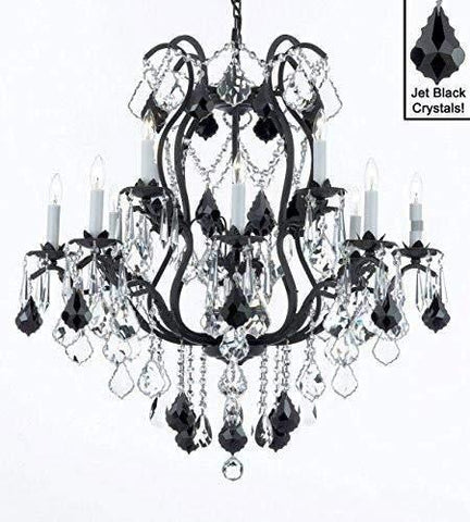 Wrought Iron Crystal Chandelier Lighting Chandeliers H36" x W36" Dressed with Jet Black Crystals! - A500-B20/3034/10+5