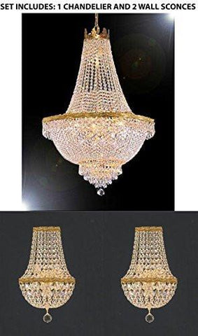 Set Of 3 - 1 Swarovski Crystal Trimmed Chandelier Empire Chandelier Lighting H 30" X W 24" And 2 Swarovski Crystal Trimmed Chandelier Empire Crystal Wall Sconce Lighting W 9.5" H 18" D 5" - 1Ea-870/9 + 2Ea-Wallsconce/Cg/4/5-Sw A500-
