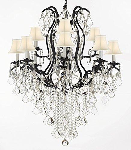 Wrought Iron Empress Crystal (Tm) Chandelier Lighting H40" X W28" With White Shades - A500-Sc/Whiteshades/B12/3034/8+4