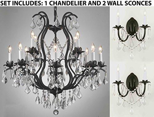Three Piece Lighting Set - Wrought Iron Crystal Lighting Chandeliers H30" X W28" And 2 Wall Sconces - A500-1Ea 3034/8+4 + 2Ea 2/3034/Wallsconce