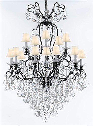 Wrought Iron Crystal Chandelier Lighting W38" H60" - Good for Entryway, Foyer, Living Room, Ballrooms, Catering Halls, Event Halls! w/ White Shades - A500-WHITESHADES/B12/556/16