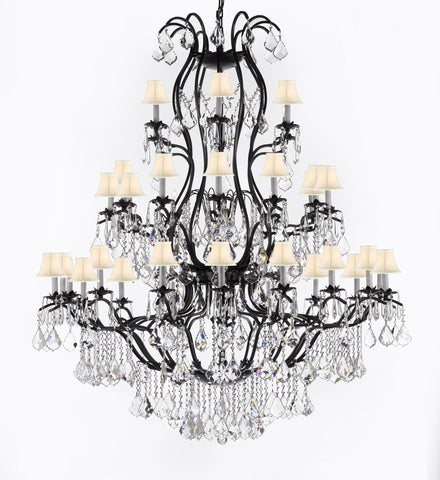 Swarovski Crystal Trimmed Chandelier Large Foyer / Entryway Wrought Iron Chandelier Lighting With Crystal And White Shade H60" X W52" - A500-Sc/Whiteshade/3031/36Sw